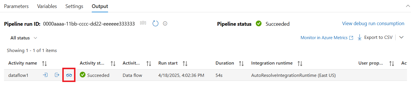 Screenshot dello stato della pipeline completato, con le azioni di output evidenziate.