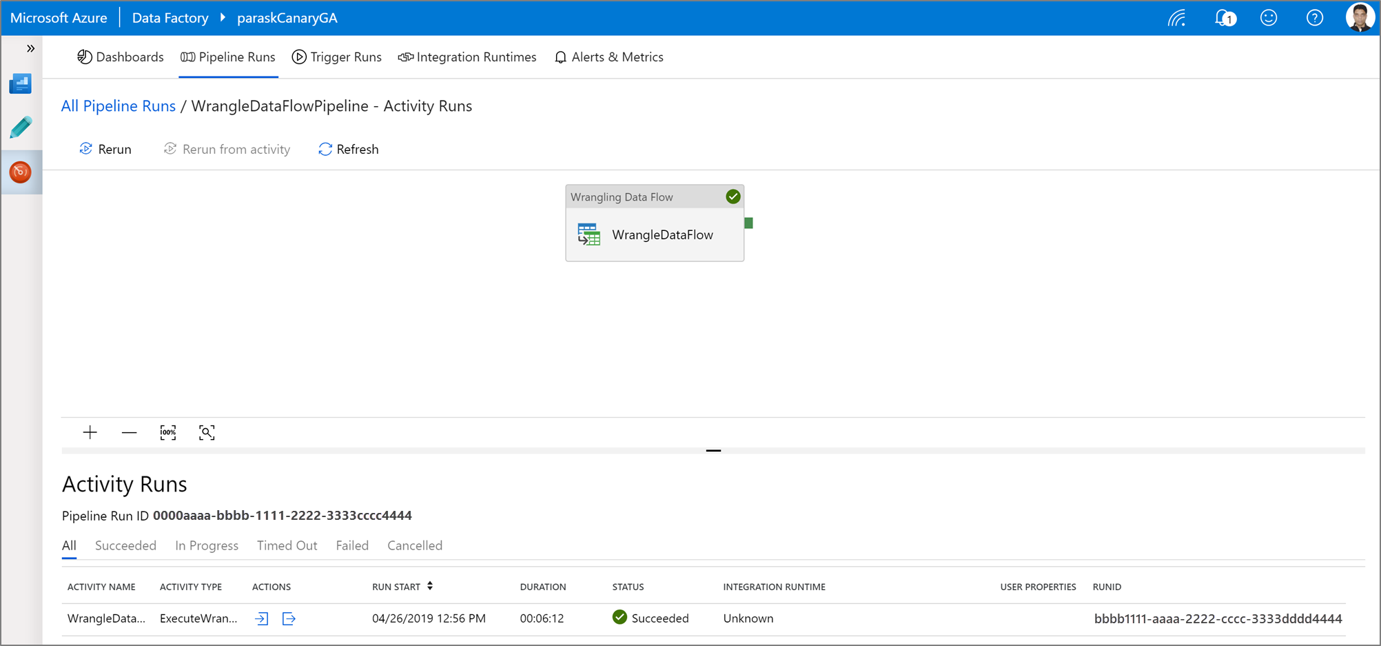 Screenshot che mostra l'output di un'attività di wrangling di Power Query attivata.