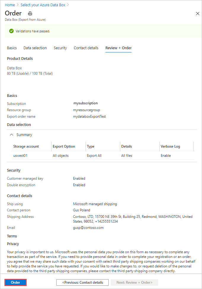 Screenshot che mostra un ordine di Data Box dopo il commit.