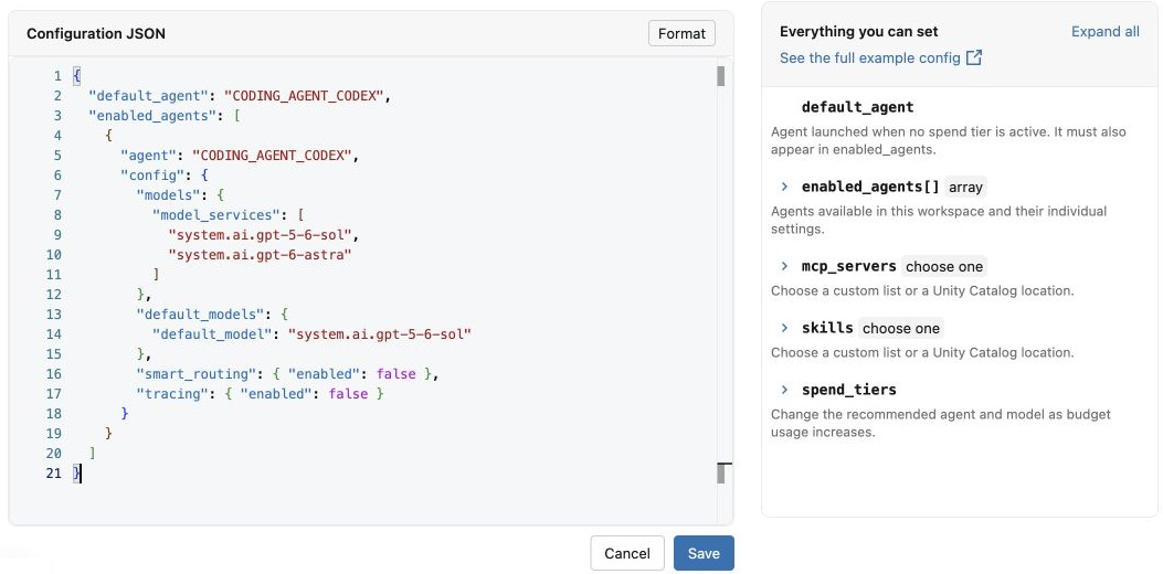 Editor JSON di configurazione che mostra una configurazione Codex con modelli compatibili e un modello predefinito, con i controlli Format, Salva e Annulla