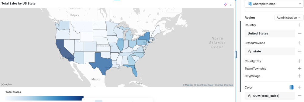 Esempio di mappa choropleth che mostra le vendite totali per stato degli Stati Uniti.