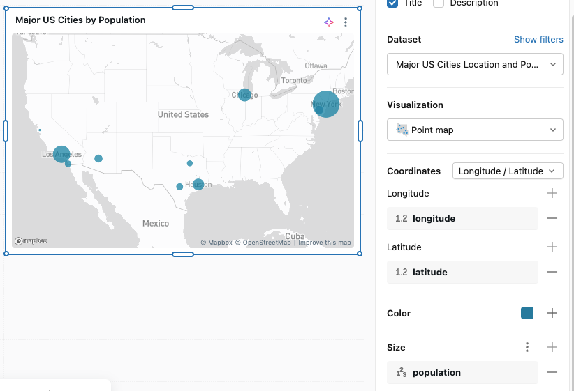 Esempio di mappa punti che mostra le città degli Stati Uniti ridimensionate in base alla popolazione.