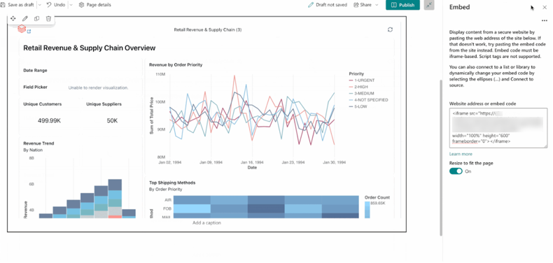 Un dashboard incorporato in una pagina bozza di SharePoint