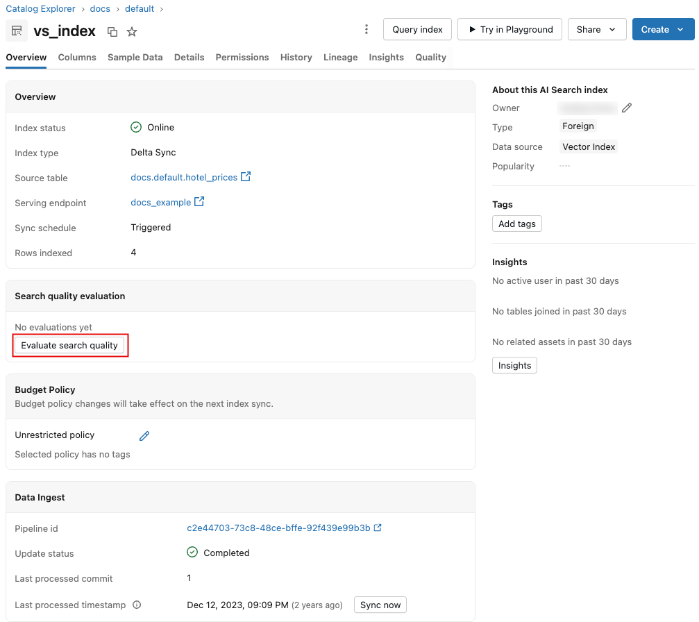 Pulsante «Valuta qualità» nella pagina dell’indice di AI Search.