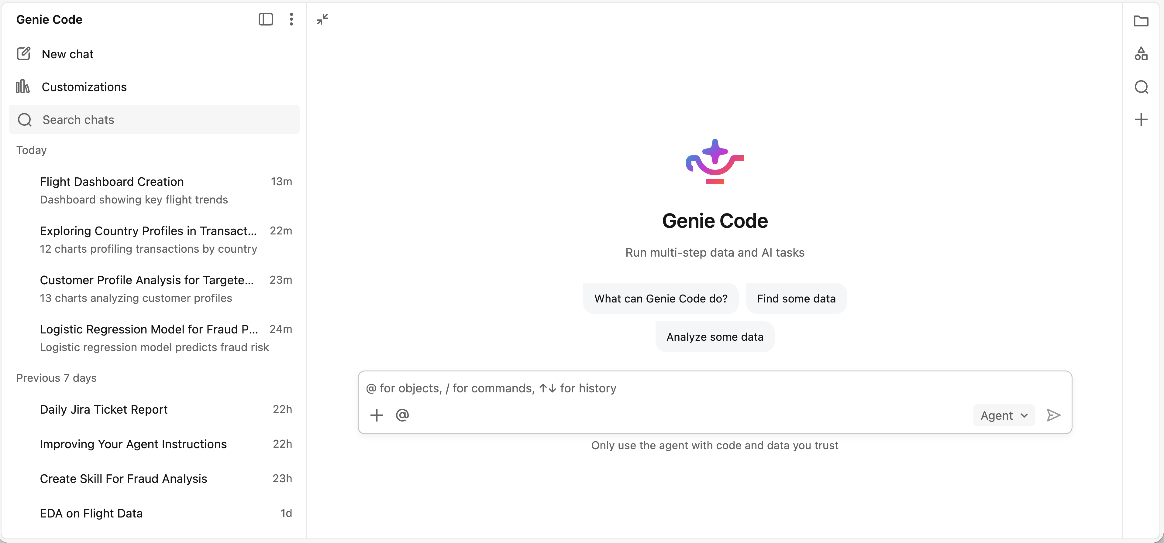 Interfaccia Codice Genie a pagina intera che mostra la chat list e la vista delle schede.