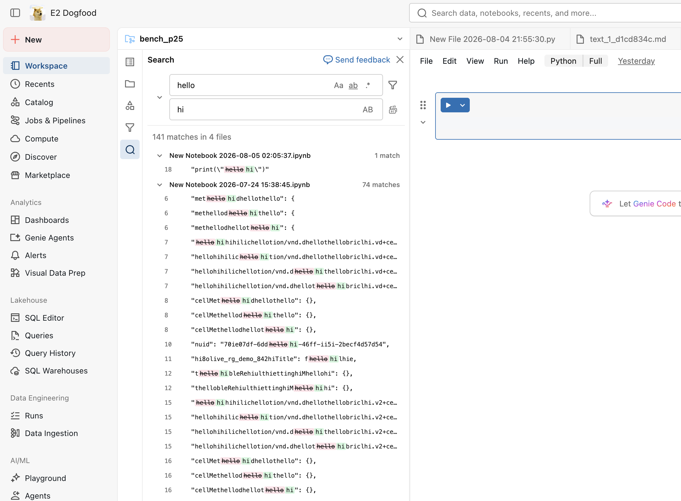 Il pannello di ricerca mostra testo corrispondente e anteprime di sostituzione tra i file.