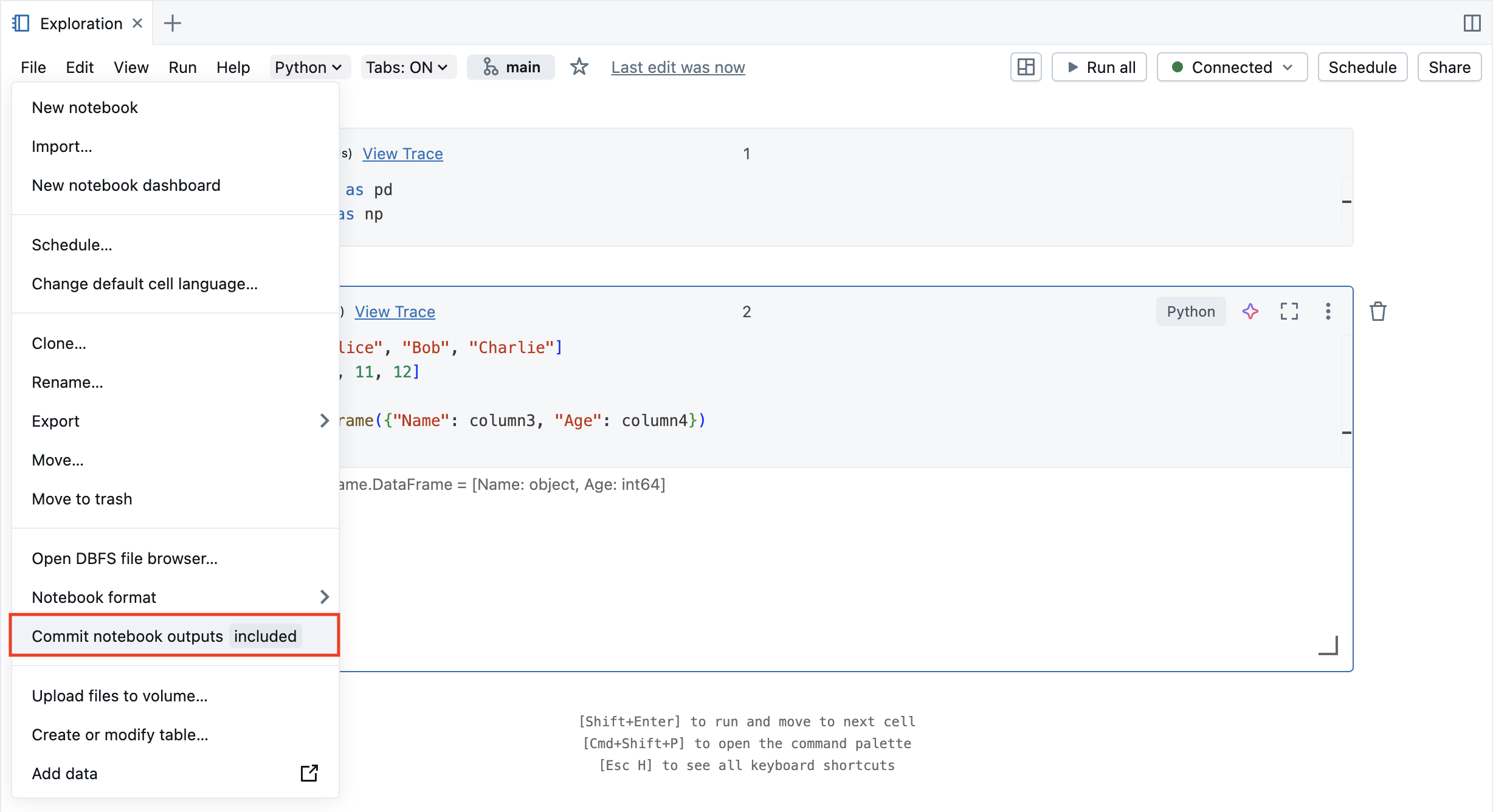 Editor di notebook: Effettua il commit degli stati e dei controlli degli output dei notebook.