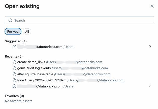 Aprire la finestra di dialogo query esistente che mostra la scheda Per l'utente con query suggerite, query recenti e preferiti.