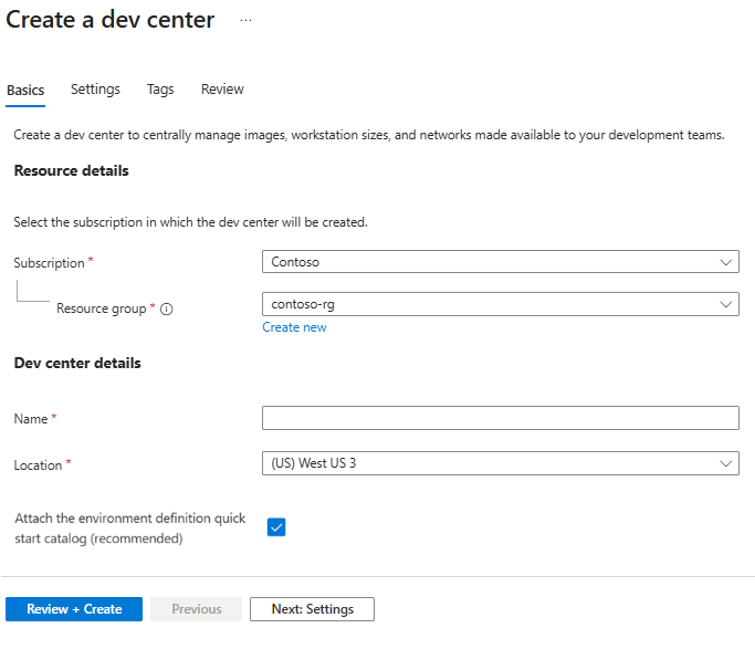 Screenshot che mostra la scheda Informazioni di base nel riquadro per la creazione di un dev center.