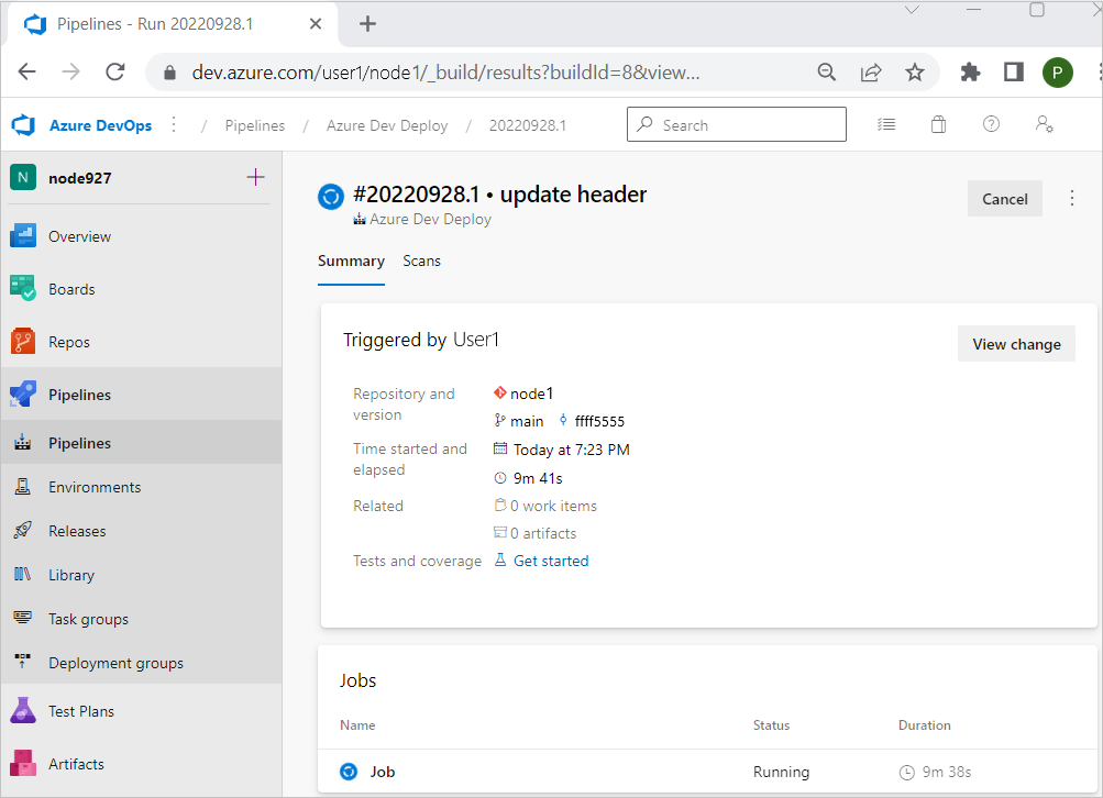 Screenshot del flusso di lavoro di GitHub in esecuzione dopo l'aggiornamento del test.