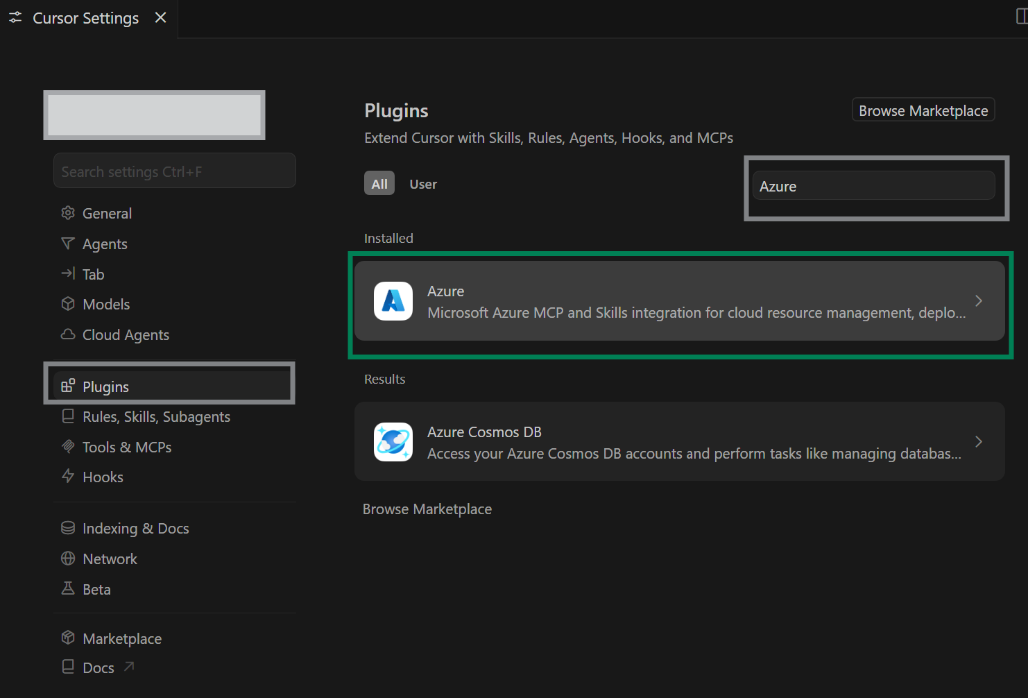 Screenshot che mostra il plug-in di Azure nelle impostazioni Plug-in di cursore.