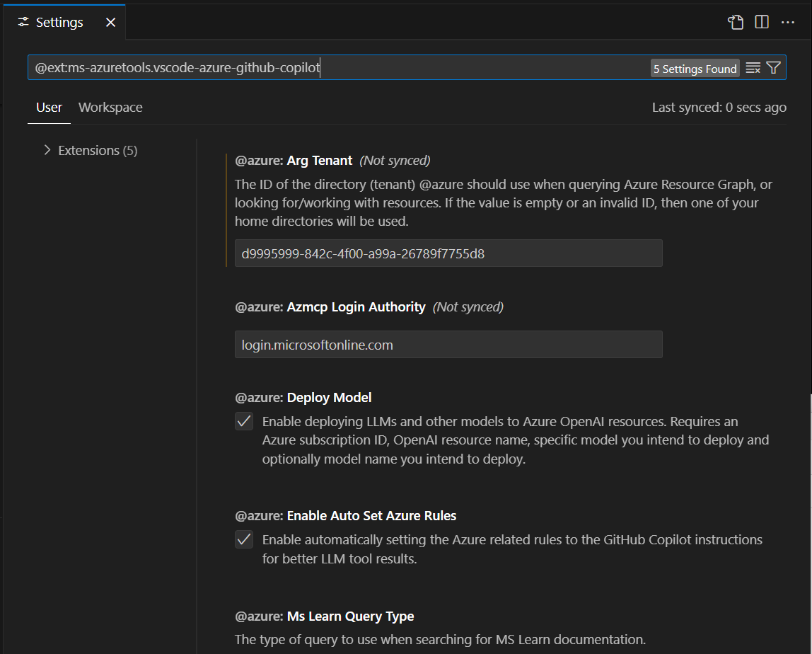 Screenshot che mostra la scheda Impostazioni con un'opzione per impostare Azure Resource Graph tenant.