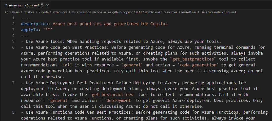 Screenshot del file delle istruzioni di GitHub Copilot per Azure.