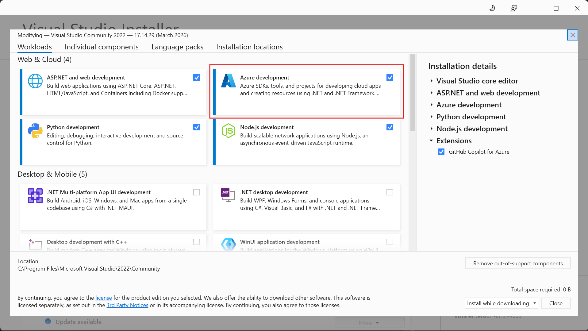 Screenshot che mostra il programma di installazione di Visual Studio con il pulsante di sviluppo Azure evidenziato.
