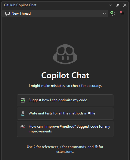 Screenshot che mostra la finestra Copilot Chat di GitHub in Visual Studio 2026.