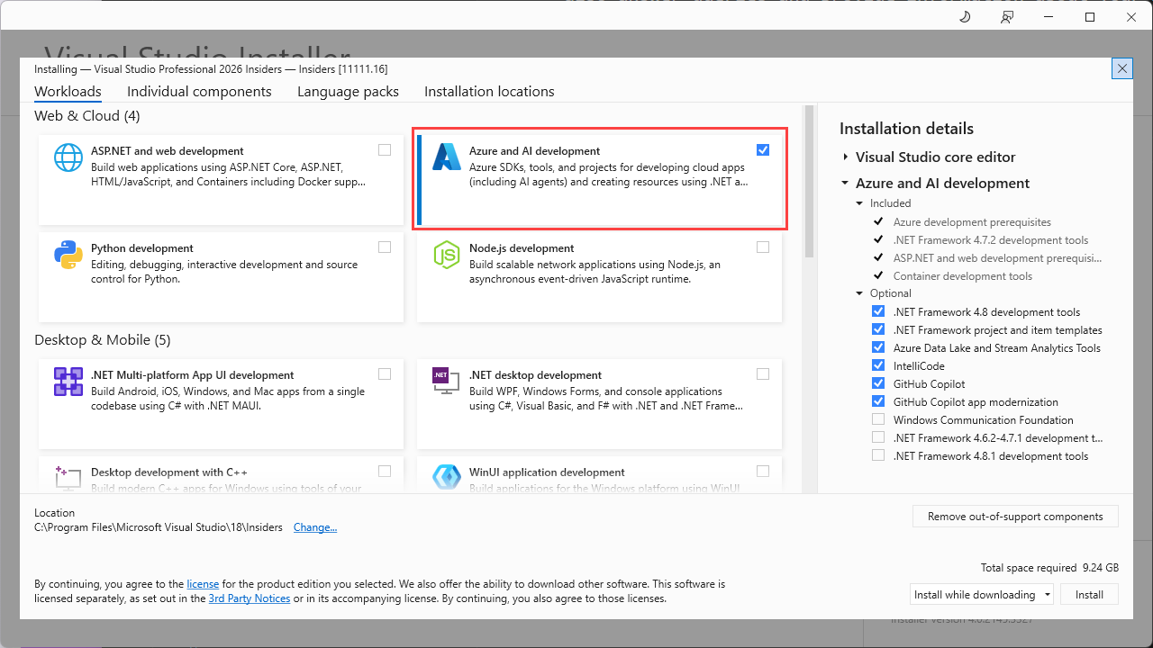 Screenshot che mostra i carichi di lavoro disponibili di Visual Studio Installer con l'opzione di sviluppo di intelligenza artificiale Azure selezionata ed evidenziata.