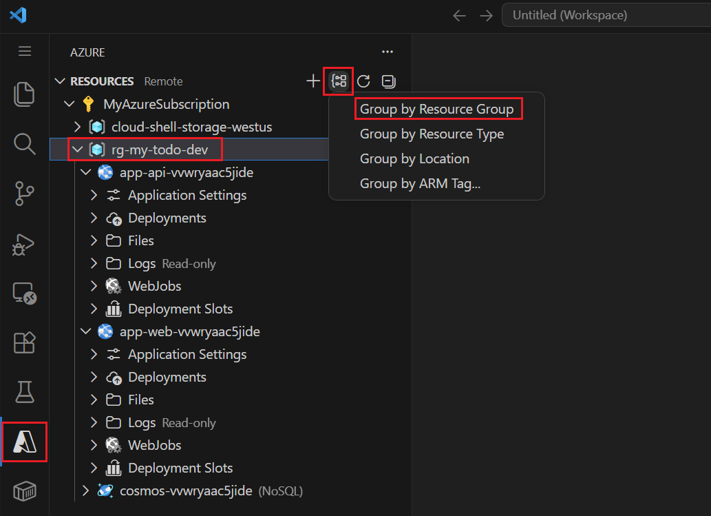 Screenshot della vista Azure di VS Code che mostra le risorse raggruppate per gruppo di risorse con il menu Raggruppa per aperto.