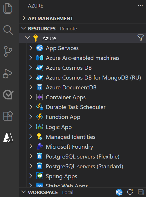 Screenshot che mostra Visual Studio Code con il pacchetto di estensione Strumenti di Azure installato.