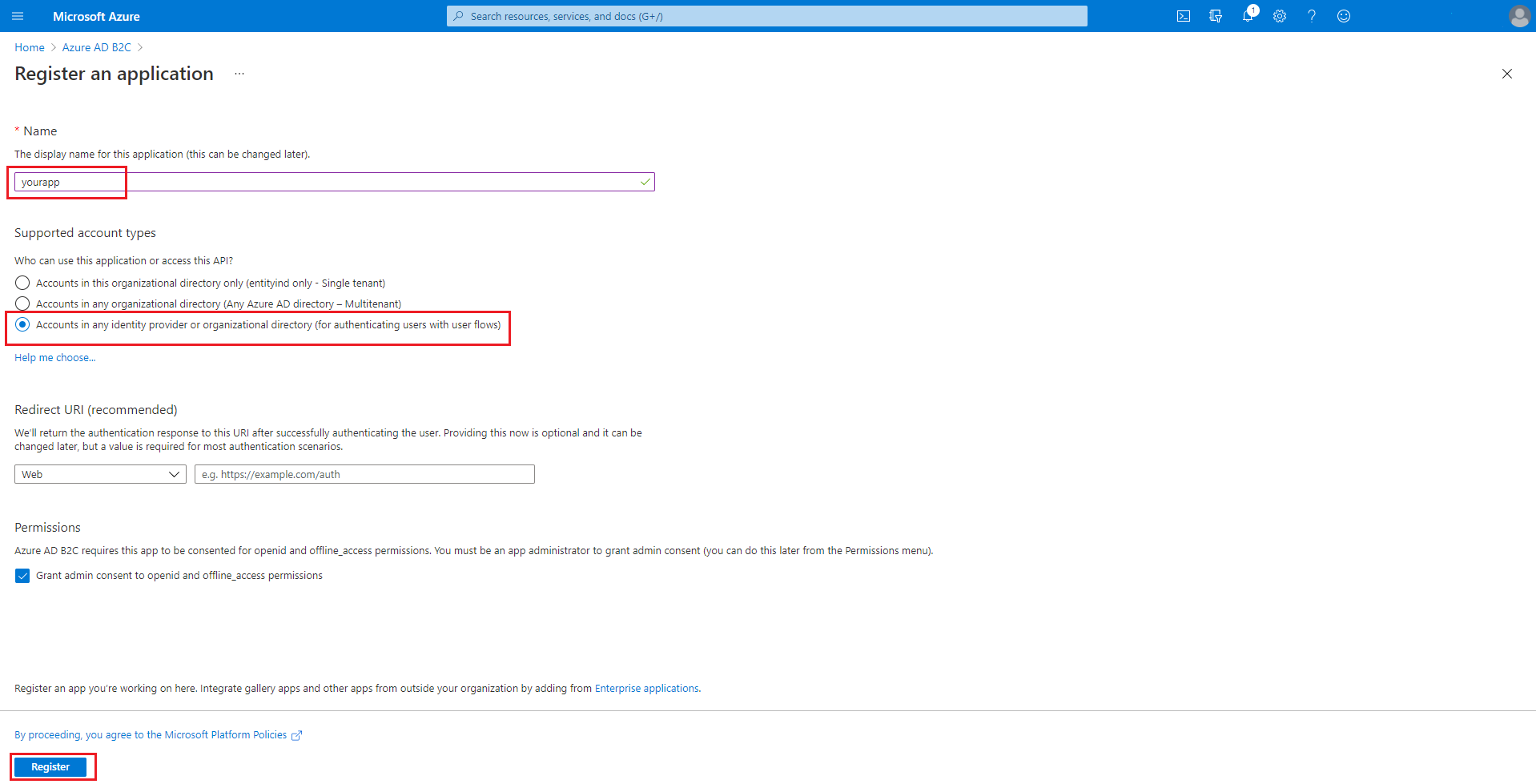Registrare un modulo di applicazione Azure AD B2C.