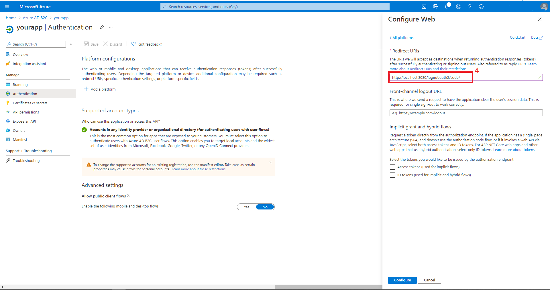 Configura la schermata Web con il campo URI di reindirizzamento selezionato.