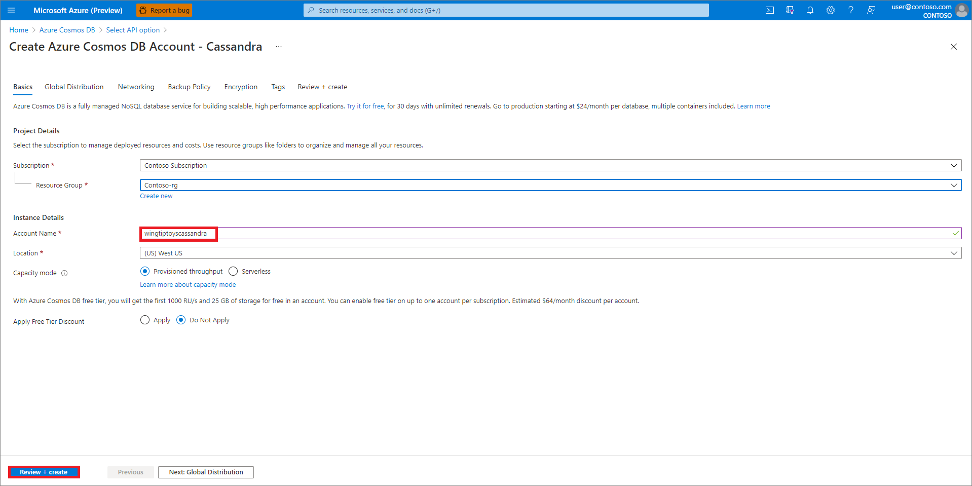 Screenshot delle impostazioni Azure Cosmos DB account nel portale di Azure.
