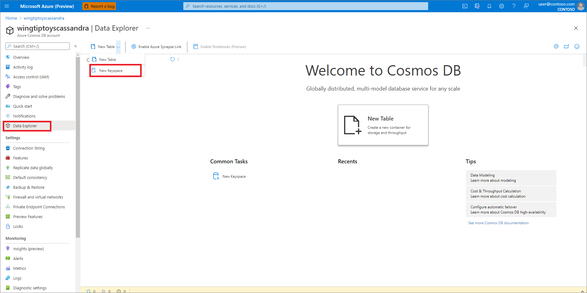 Screenshot di Esplora dati con l'opzione New Keyspace selezionata.