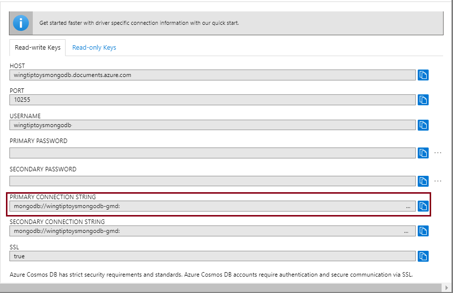 Schermata della pagina Stringhe di connessione in cui è visualizzata la stringa di connessione primaria per l'account Azure Cosmos DB.