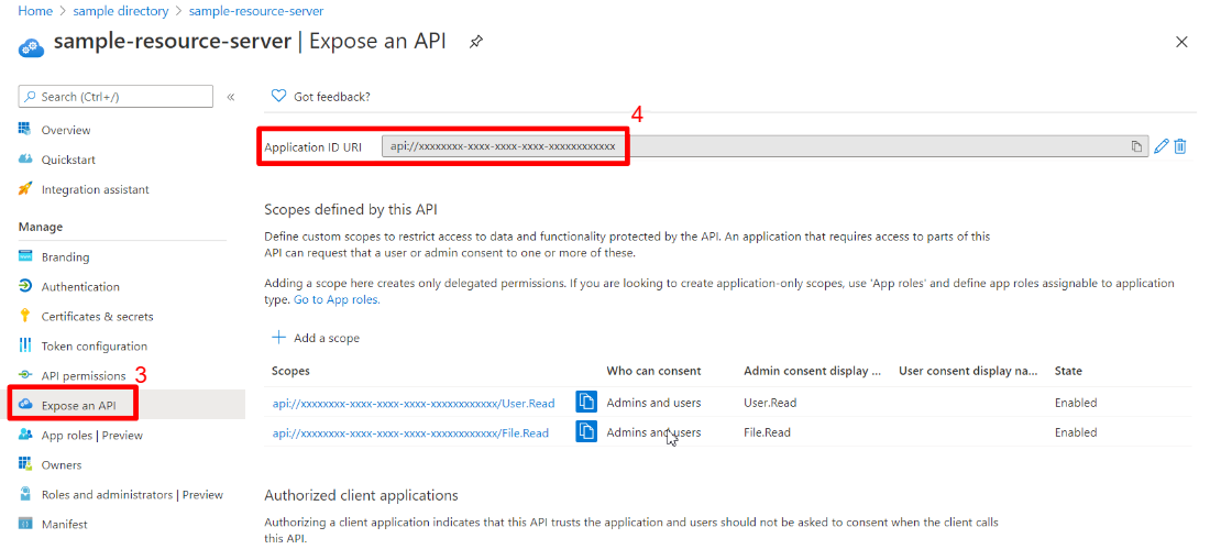 Screenshot del portale di Azure che mostra l'app Web nella pagina 'Esporre un'API' con l'URI dell'ID applicazione evidenziato.