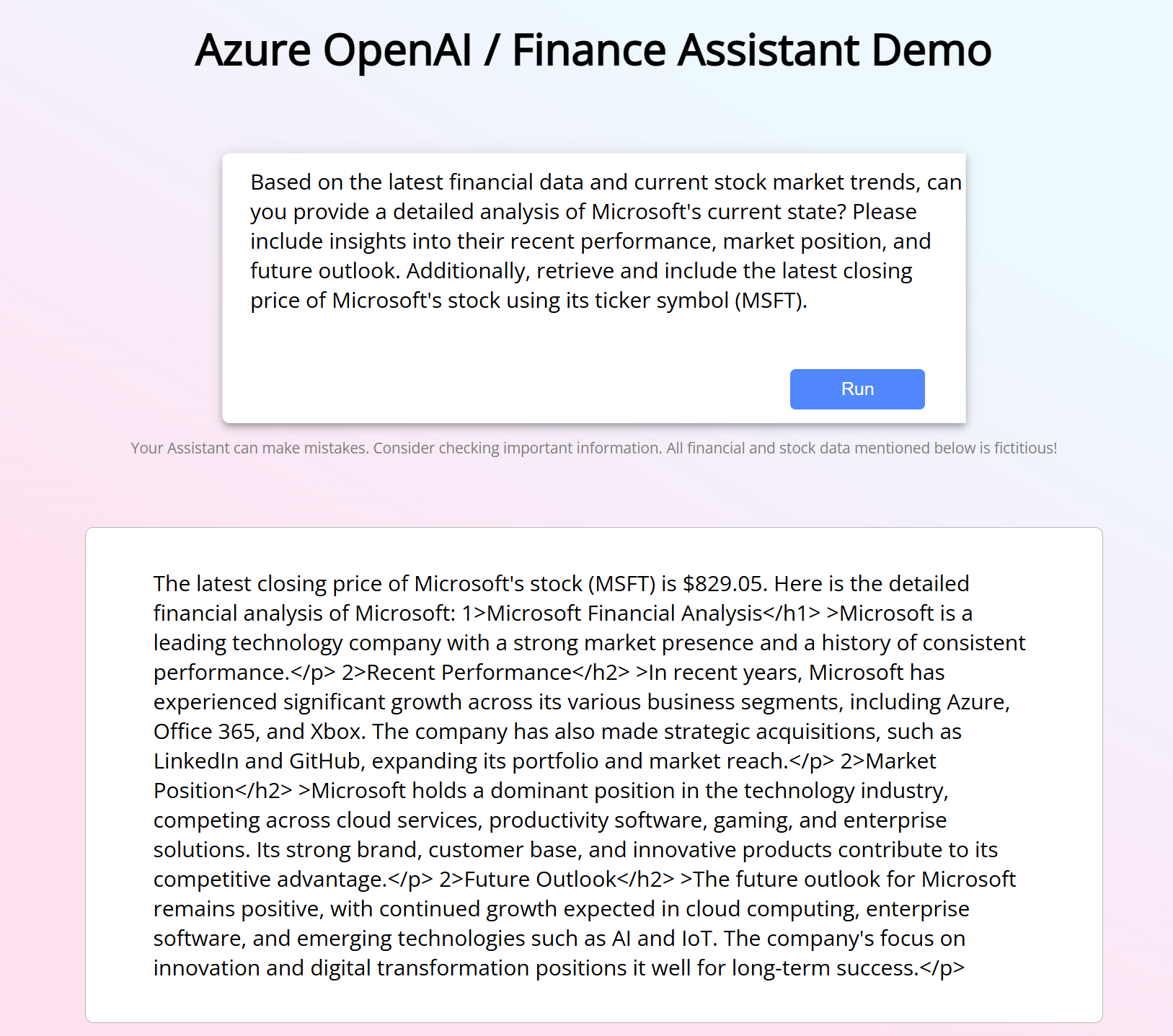 Screenshot della prima risposta dell'app Assistente.