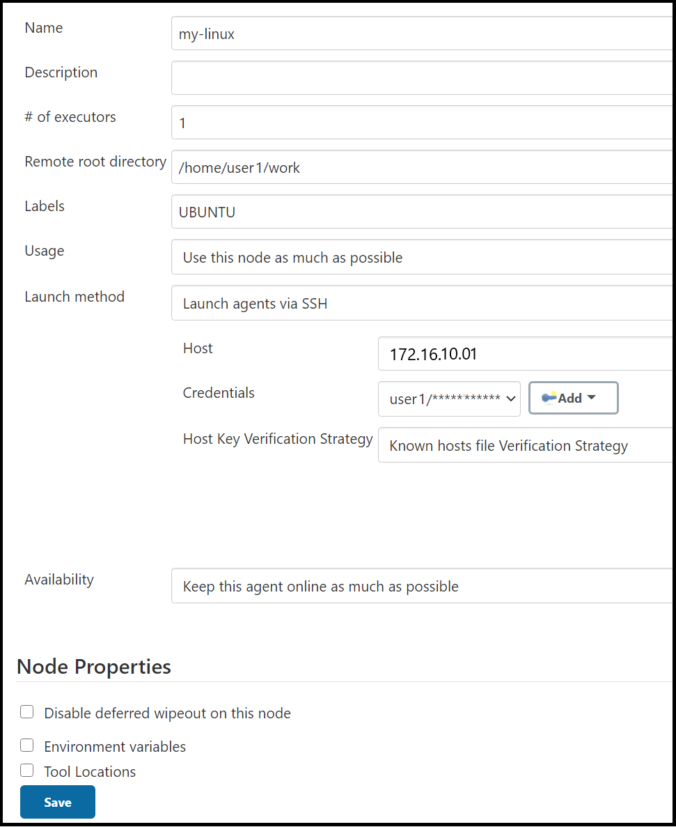 Esempio di configurazione del nodo che specifica un metodo di avvio degli agenti launch tramite SSH.
