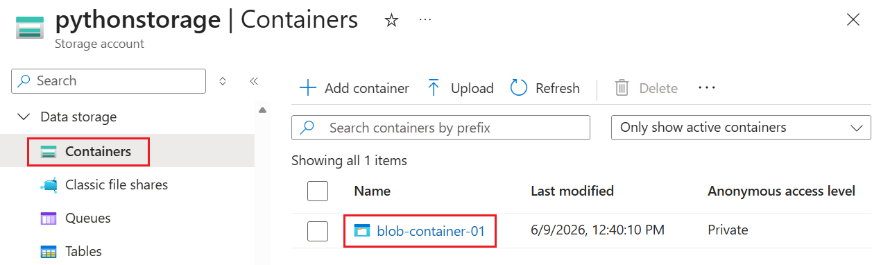 Pagina del Portale di Azure per l'account di archiviazione che mostra il Blob Container