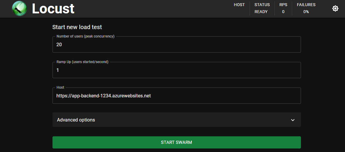 Screenshot che mostra il test Locust con i valori compilati.