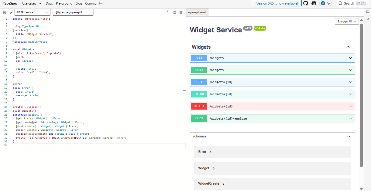 Screenshot di TypeSpec playground con il servizio HTTP di esempio che emette nell'interfaccia utente di Swagger.