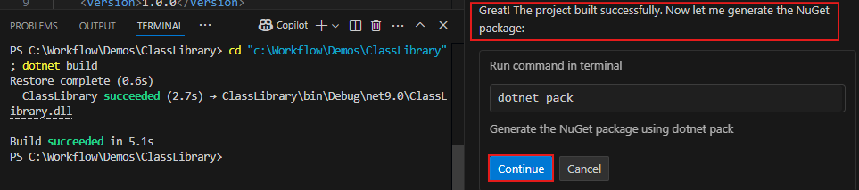 Screenshot che mostra l'prompt di Copilot GitHub che richiede la conferma per generare il pacchetto NuGet.