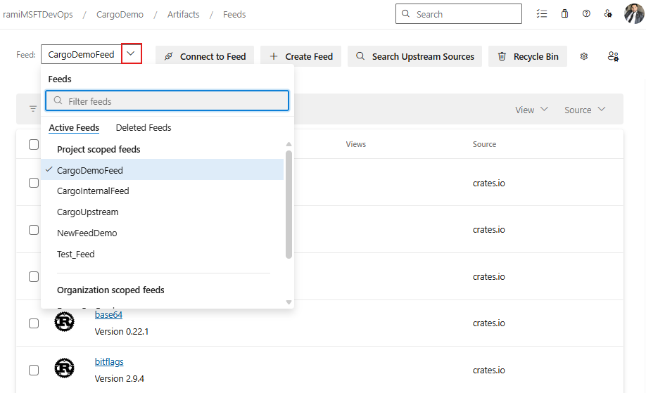 Screenshot che mostra come selezionare un feed dall'elenco a discesa in Azure Artifacts.
