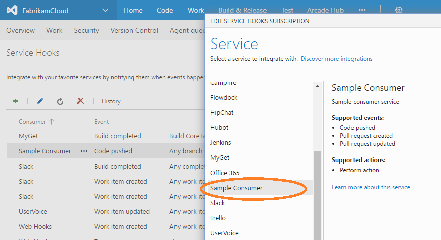 Diagramma che mostra un servizio consumer di esempio che invia messaggi HTTP per gli eventi di push del codice e della richiesta pull.