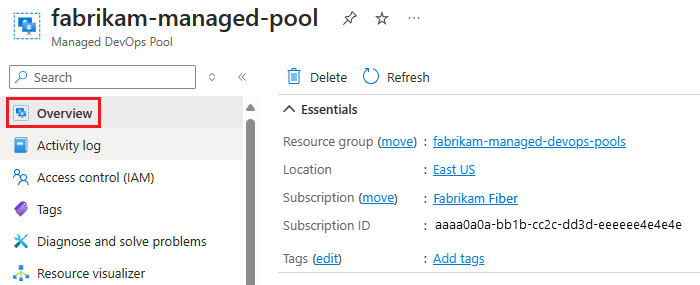 Screenshot che mostra gli elementi essenziali della panoramica del pool.
