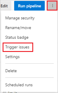 Screenshot che mostra i problemi relativi ai trigger nella pagina principale della pipeline.