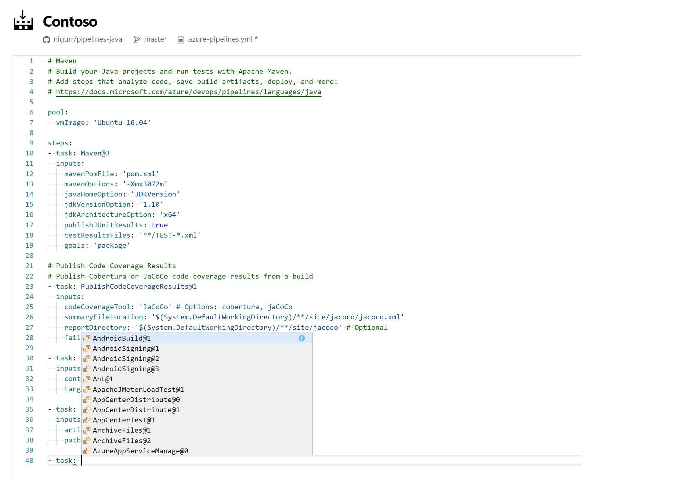 Editor Web per le pipeline YAML.