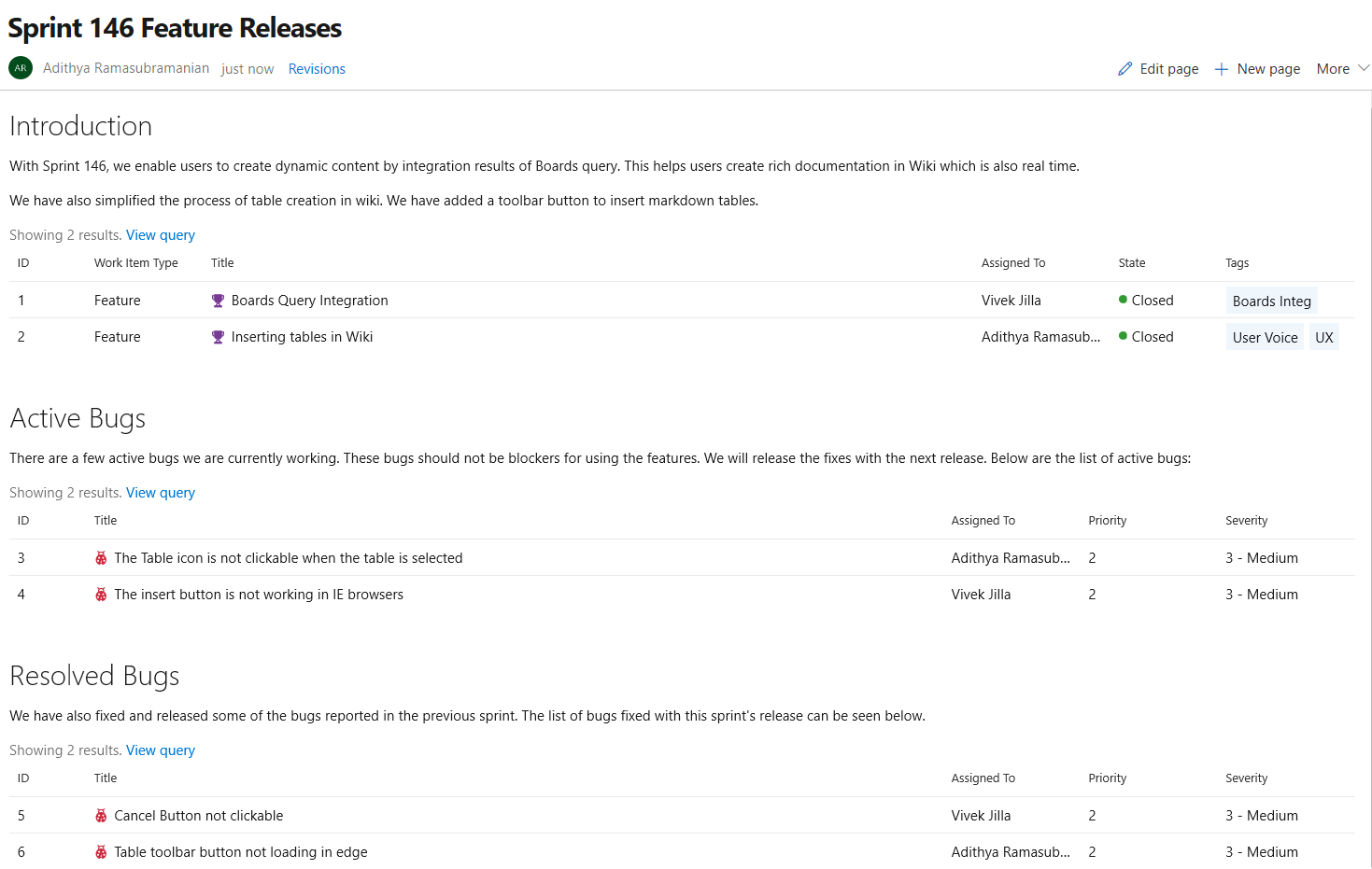 Incorporare i risultati delle query di Azure Boards in Wiki.