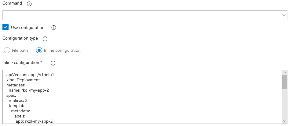 Immissione inline del file di specifica nell'attività Distribuisci in Kubernetes.