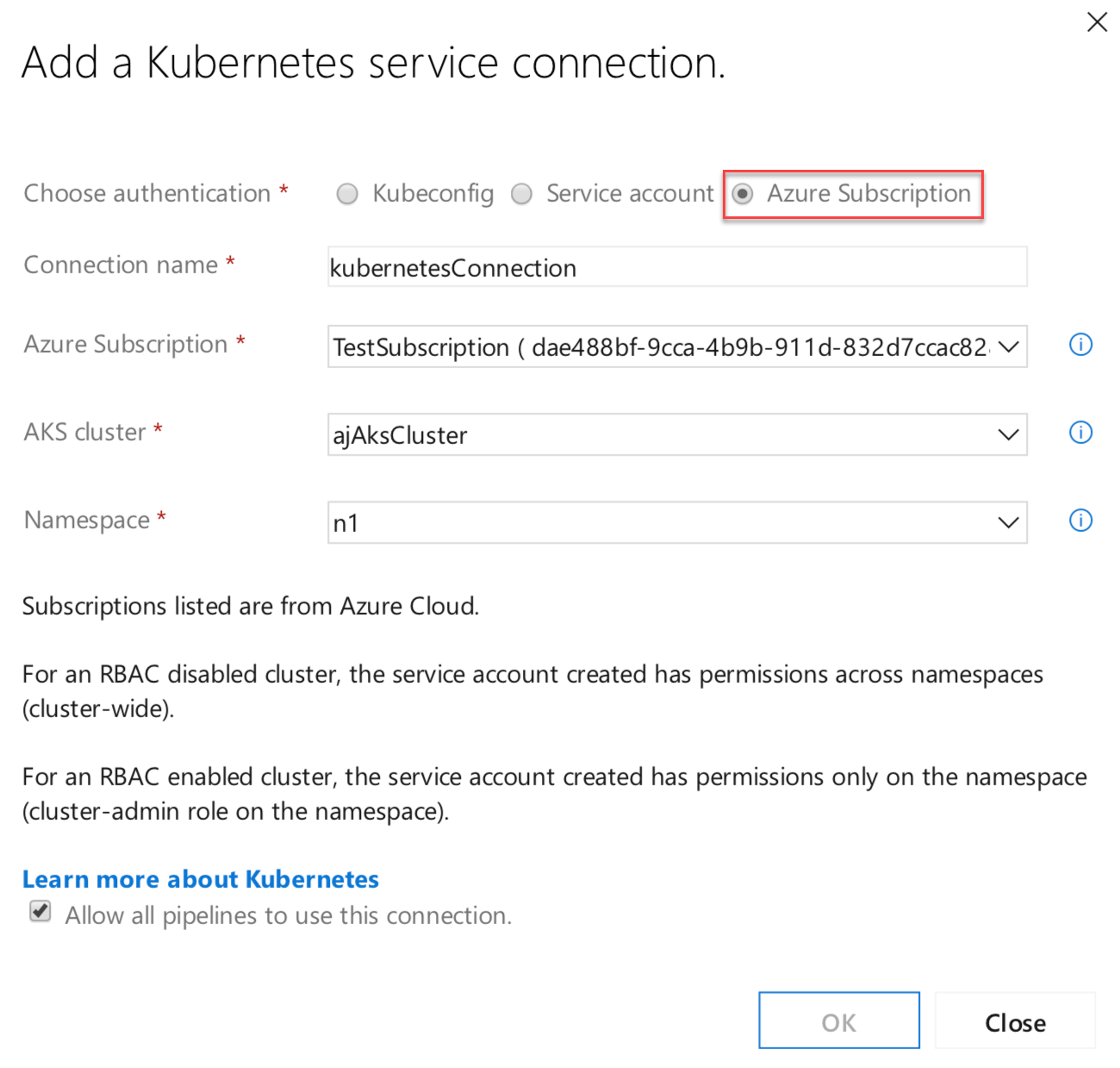 Nuova opzione di sottoscrizione di Azure nella connessione al servizio Kubernetes.