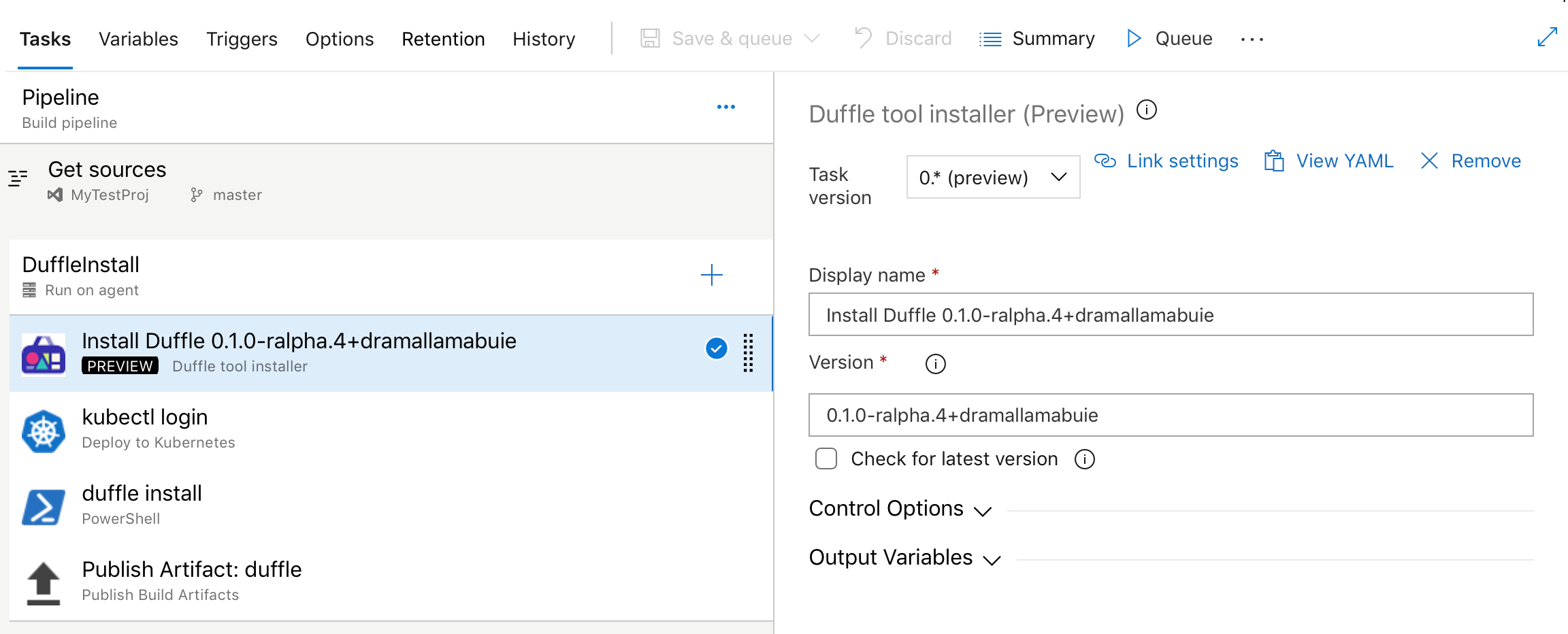Attività di installazione dello strumento Duffle nella pipeline di compilazione e versione.