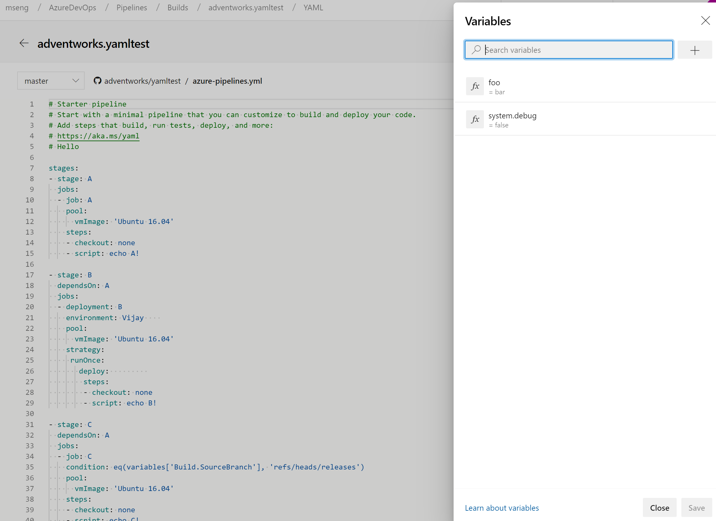 Gestire le variabili della pipeline nell'editor YAML.