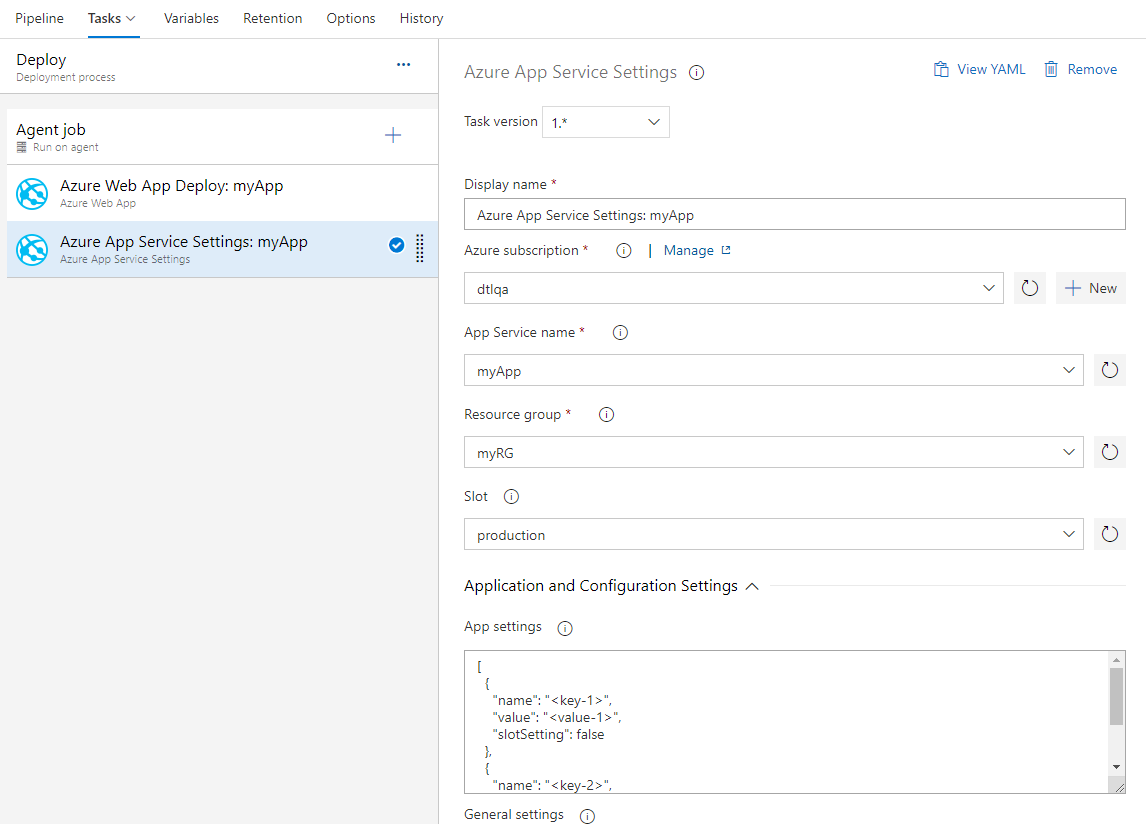 Nuova attività per la configurazione delle impostazioni dell'app del servizio app di Azure.