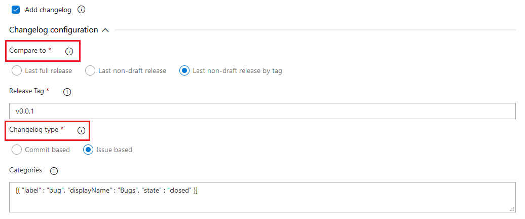 Il log delle modifiche visualizza un elenco di commit o un elenco di problemi/richieste pull categorizzate in base alle etichette.