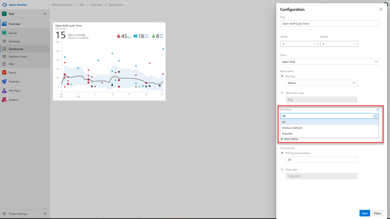 Widget Lead and Cycle Times advanced filtering (Filtri avanzati per lead e tempo di ciclo).