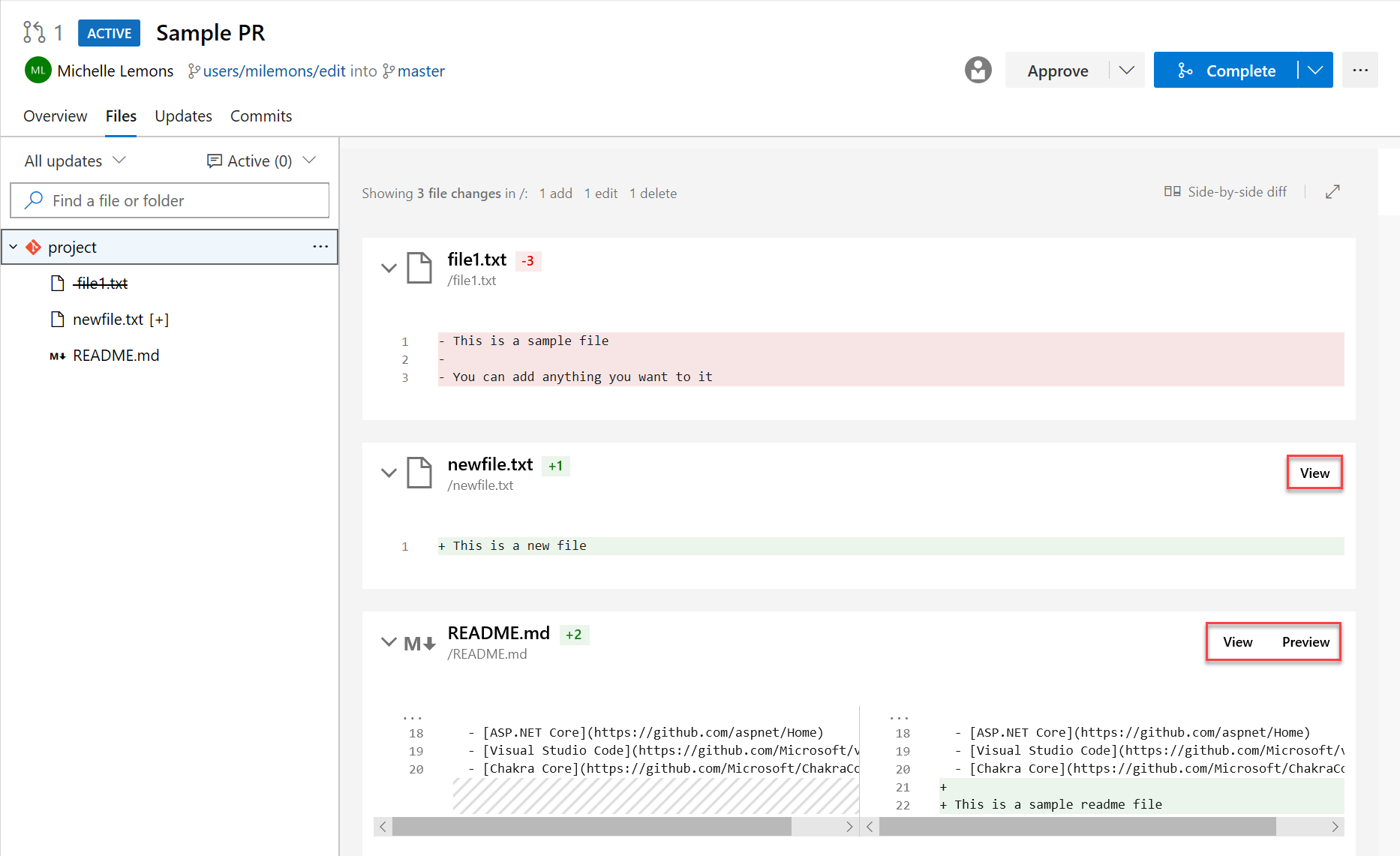 Visualizza in anteprima i file Markdown nel diff affiancato della pull request.
