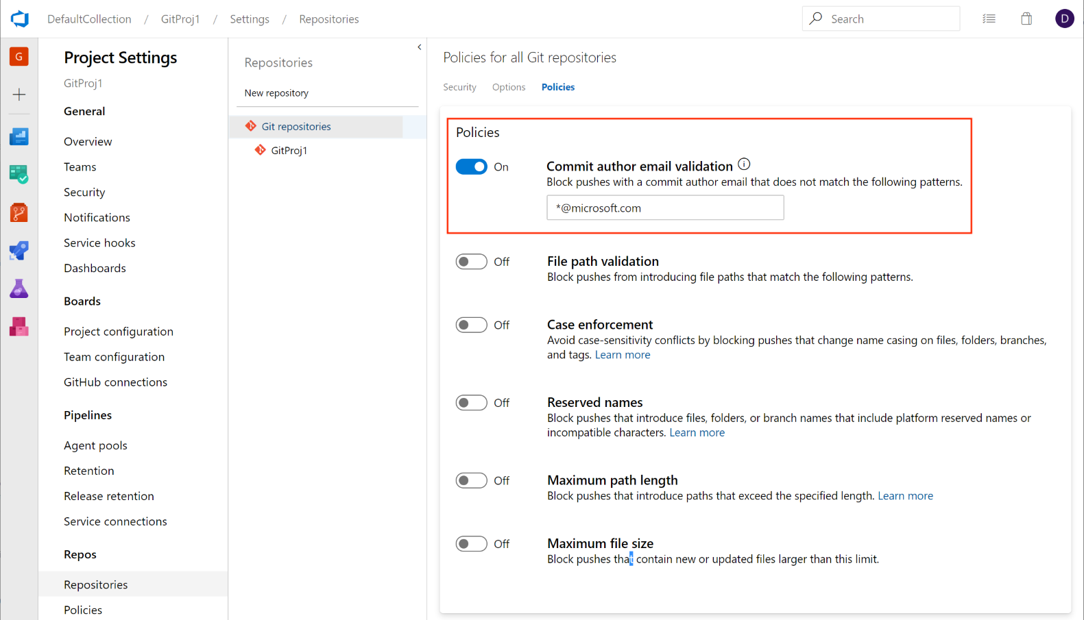 Aggiungere un criterio per bloccare i commit in base al messaggio di posta elettronica dell'autore del commit.