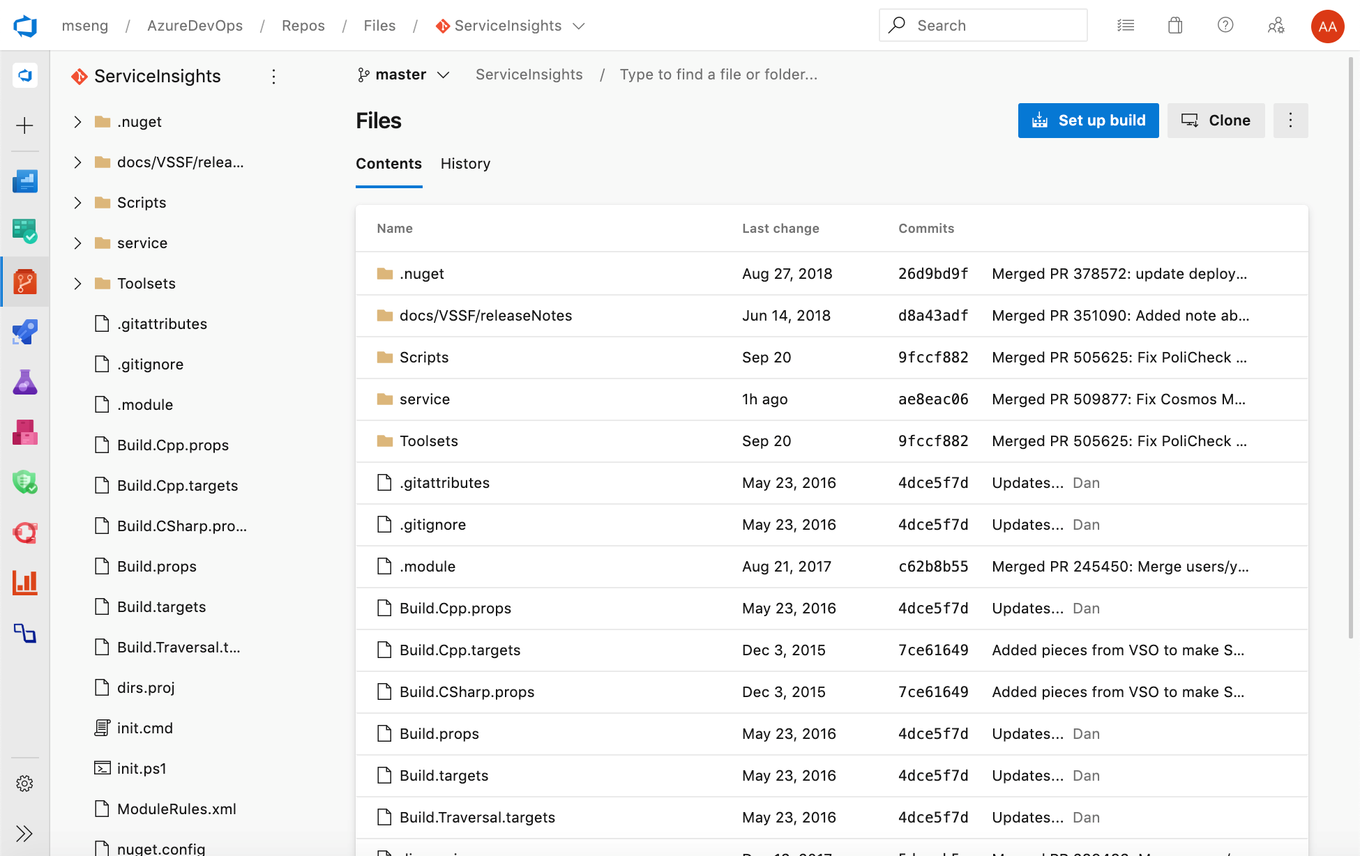 Nuova interfaccia utente Web per le pagine di destinazione di Azure Repos.